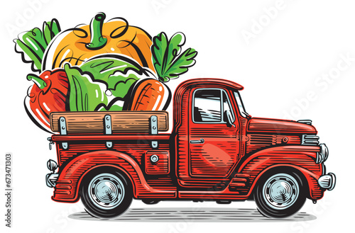 Retro farm pickup truck and organic fresh vegetables. Natural healthy food vector illustration
