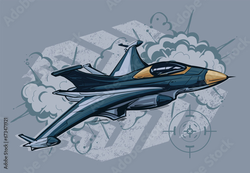 Military aircraft flying on grunge arrow background. Jet fighter poster.
