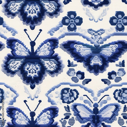 AI generated illustration of a fabric with blue crocheted butterflies pattern photo