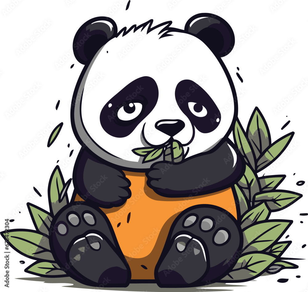 Cute panda sitting on a branch with leaves. Vector illustration.