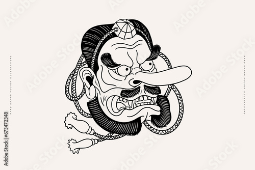 Tengu mask in line style. Japanese mythical deity. A traditional part of the Asian national masquerade costume. Vector illustration, coloring.