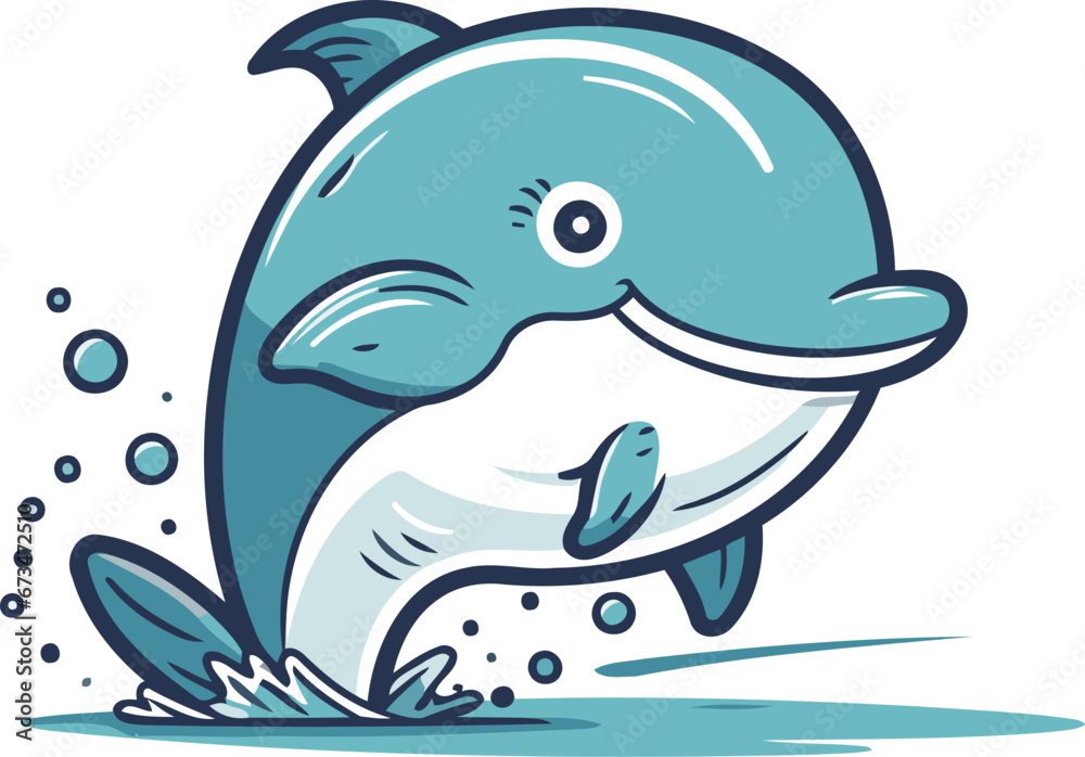 Fototapeta premium Cute cartoon dolphin. Vector illustration. Isolated on white background.