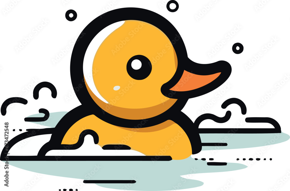 Obraz premium Cute yellow rubber duck toy swimming in water. Vector illustration.