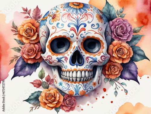 A Watercolor Skull With Roses And Leaves