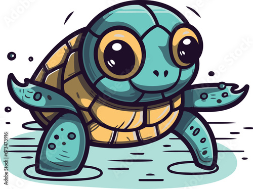 Cute cartoon sea turtle on white background. Vector illustration of a sea turtle.