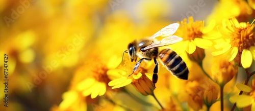 A tiny bee is buzzing around bright yellow flowers © 2rogan