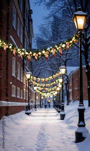 Christmas Garlands Wrapped Around Street Lamps, Illuminating A Snowy Path.