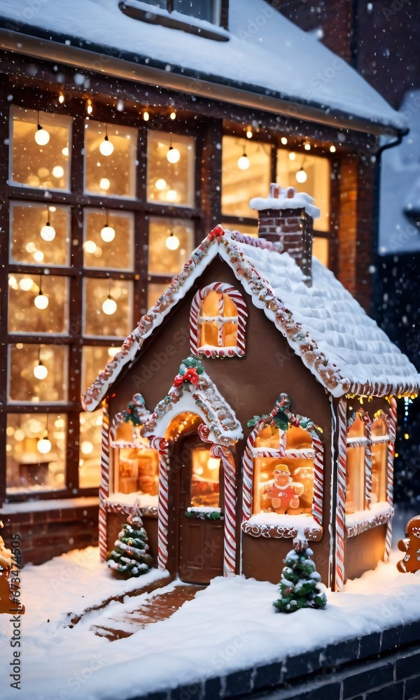 A Christmas Gingerbread House In A Snowy Window, The Street Outside Illuminated By Fairy Lights.