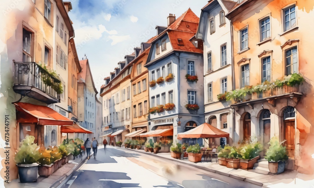 Cozy European City Street Illustrated In Watercolor.