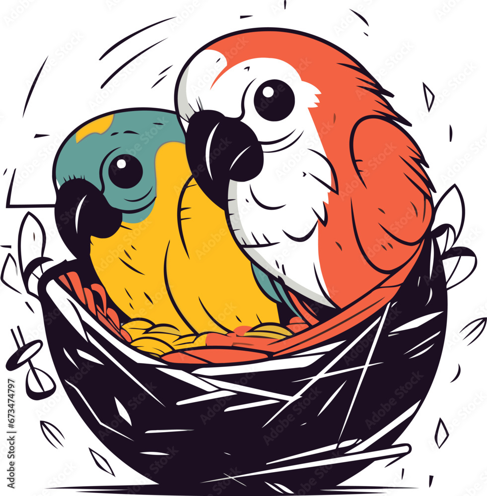 Cute parrots in the nest. Hand drawn vector illustration. Cute parrots in the nest. Hand drawn vector illustration.