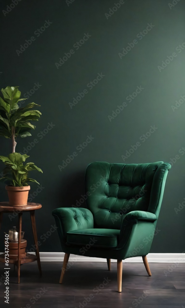 Dark Green Home Interior With An Old Retro Armchair.