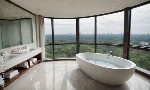 Top View Of A Hotel Bathroom With A Panoramic Window. © Pixel Matrix