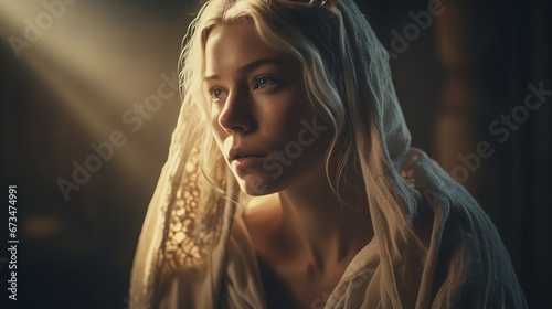 Blonde woman with beautiful face, cloaked in white and gold, wearing a beautiful 11th-century dress
