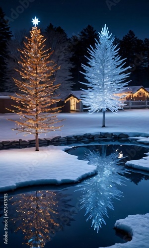 Christmas Lights Reflecting Off A Frozen Pond, At Night.