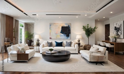 A Stylish Living Room Adorned With Modern Art And Elegant Furniture, Captured In A Camera Angle That Highlights The Spaciousness Of The Area. © Pixel Matrix