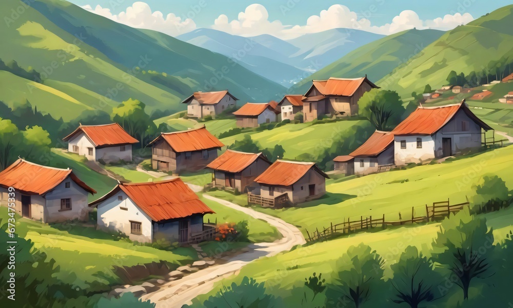 Painting Style Illustration Of A Peaceful Small Rural Countryside Village On A Mountain Slope.