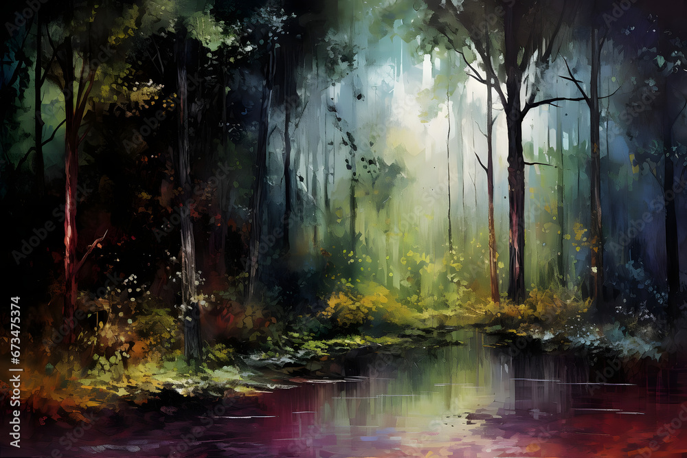 Tree Leaves in Forest, Mystical Woods Journey, abstract landscape art, generative ai