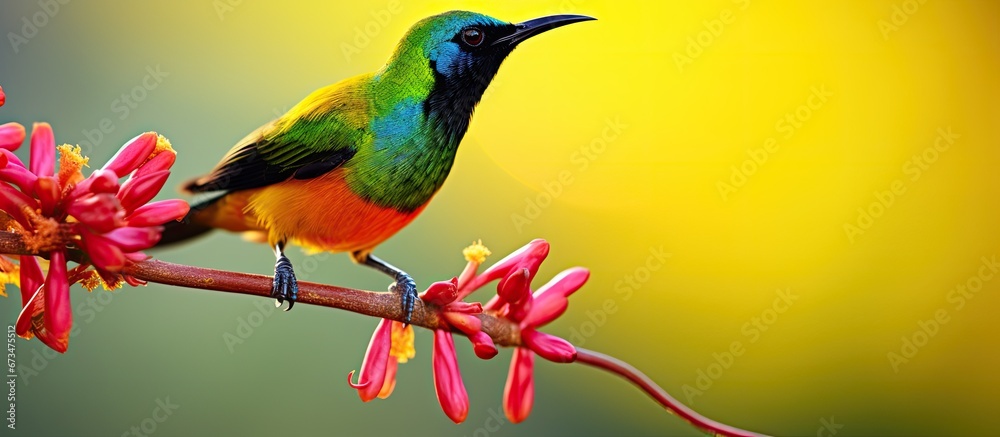 Obraz premium Colorful bird the green tailed sunbird observed up close