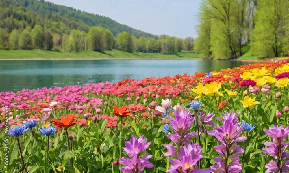 Field Of Colorful Flowers On A Lake In Springtime.