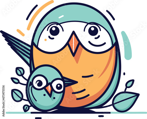Cute cartoon owl and chick. Vector illustration in flat style.