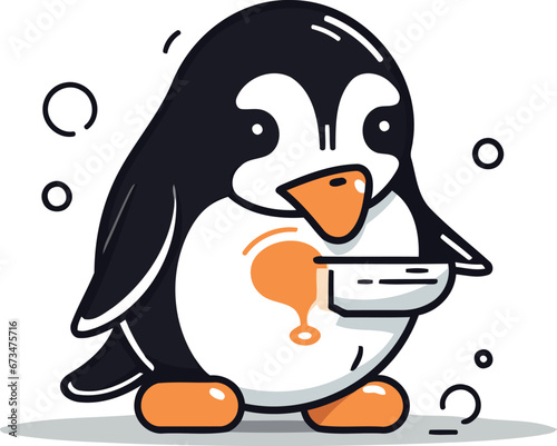 Cute penguin holding a cup of tea. Vector illustration.