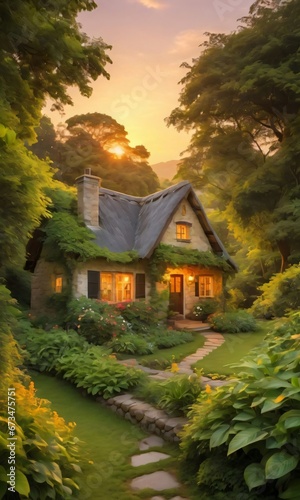 A Cozy Cottage Nestled Amidst Lush Greenery  Captured Under The Enchanting Light Of A Golden Sunset.