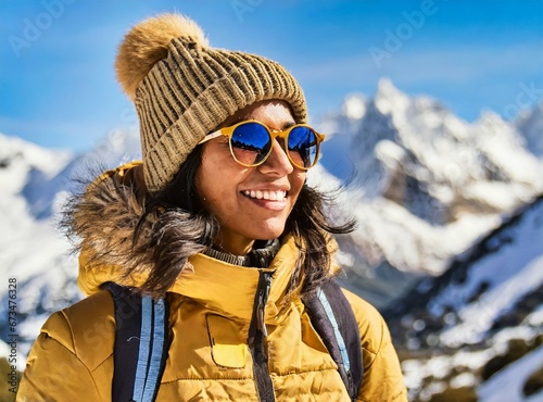 Latin woman hiking mountains, winter travel, vacation. Hike concept