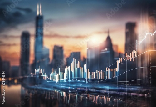 AI generated illustration of a graph of the stock market against a backdrop of a city skyline