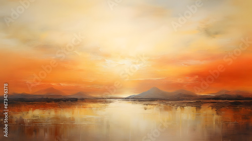 Sunset Reverie in Orange, Sun, Mountain, abstract landscape art, generative ai