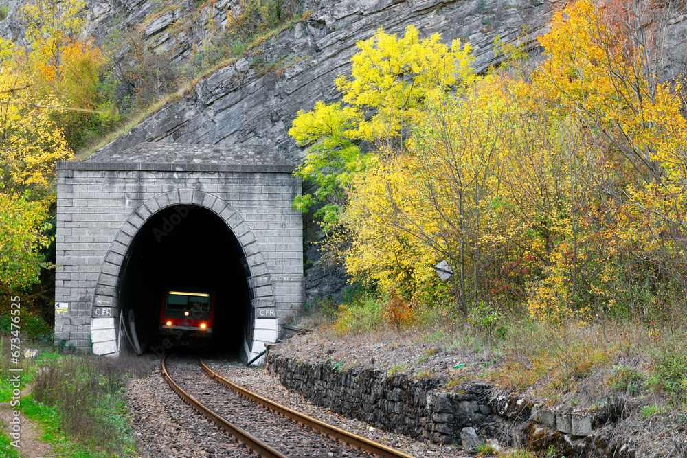 Obraz premium Passenger train on Vadu Crsiului railway, Occidental Carpathians, Romania, Europe 