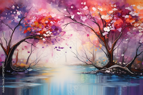 Colorful Leaves of Tree, Vivid Blossom Whispers, abstract landscape art, generative ai