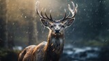 A cinematic shot of a reindeer in the rain, cinematic lighting, volume of fog around, sweltering midday heat