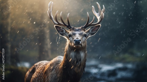 A cinematic shot of a reindeer in the rain, cinematic lighting, volume of fog around, sweltering midday heat