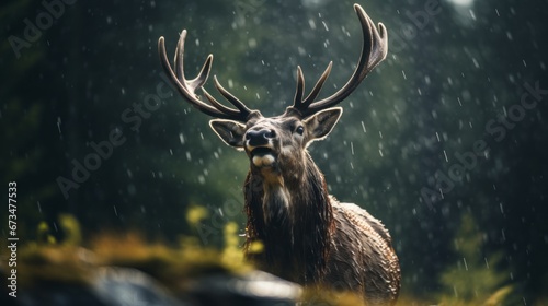 A cinematic shot of a reindeer in the rain, cinematic lighting, volume of fog around, sweltering midday heat photo
