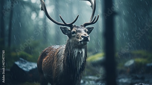 A cinematic shot of a reindeer in the rain, cinematic lighting, volume of fog around, sweltering midday heat