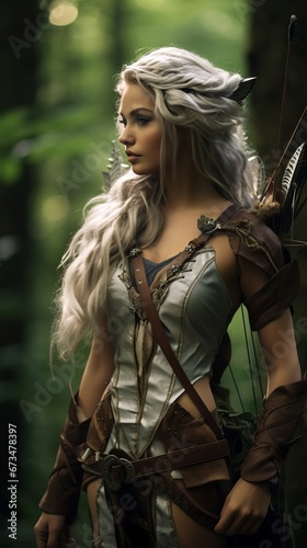 Full body Photo of a elven women archer, silver hair, clothing made of leafs and animal hides