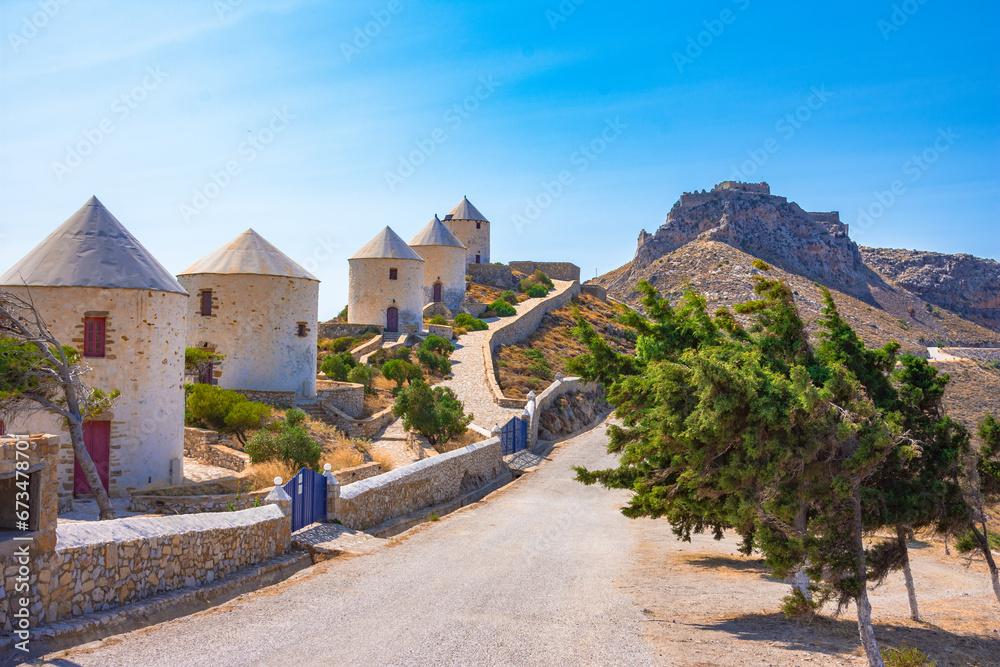 Picturesque village of Agia Marina, windmills and castle of Panteli in Leros island, Greece