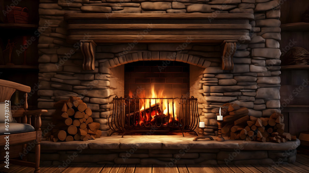 Un foyer rustique avec une cheminée et des bûches prêtes à l'emploi dans une atmosphère chaleureuse. - obrazy, fototapety, plakaty 