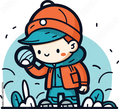 Cute little boy playing snowballs in winter. Vector illustration.