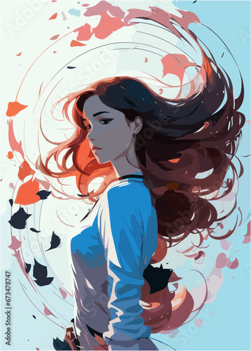 Girl in a whirlwind of autumn leaf fall. Beautiful autumn woman. Vector illustration. Fantasy.