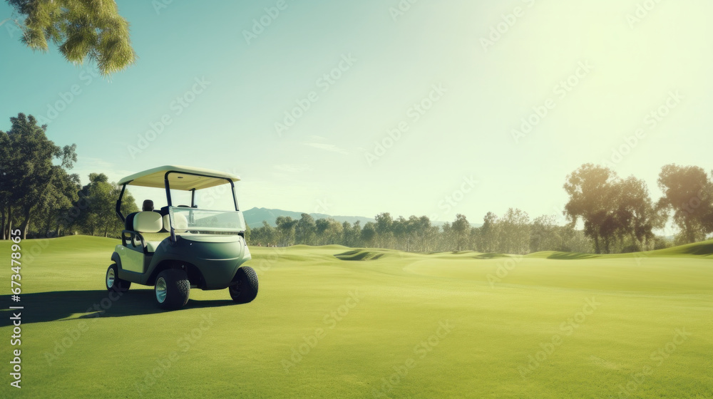 Fairway Leisure: Golf Cart Poised on Lush Grass with Player Strategizing in the Distance.