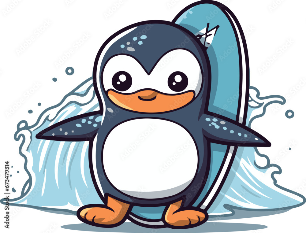 Fototapeta premium Cute penguin with surfboard. Vector illustration on white background.