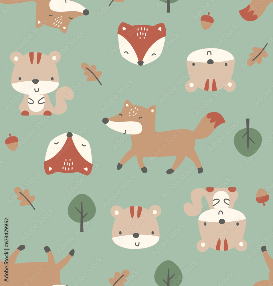Seamless pattern with forest friends, cute squirrel, Cute fox vector, cute forest friends pattern