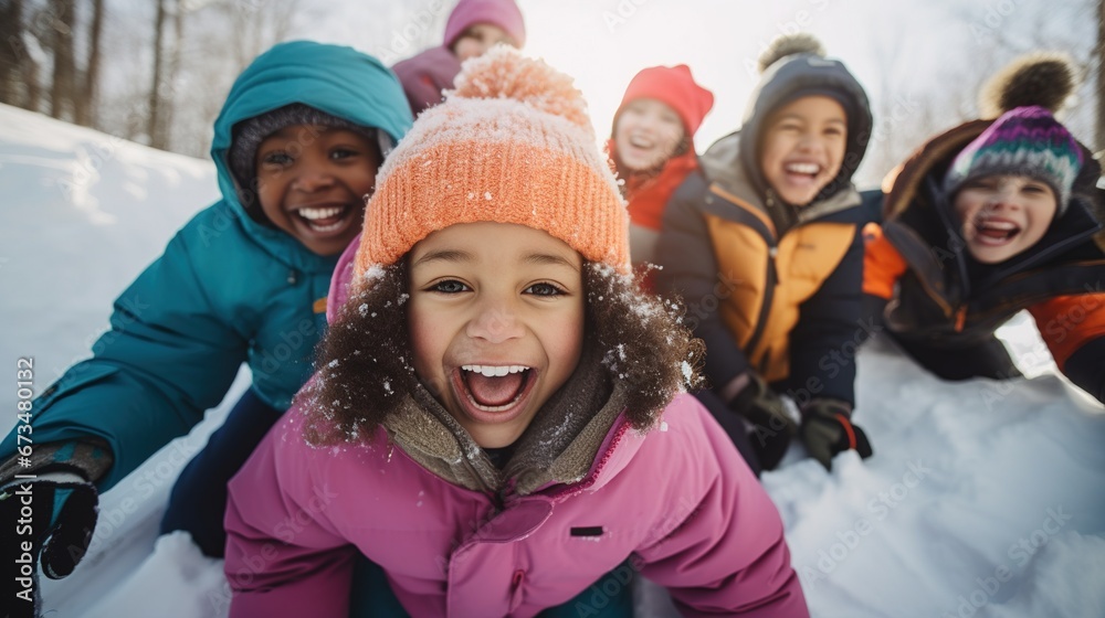 A group of cheerful children playing in the snow in winter. Active winter holidays concept