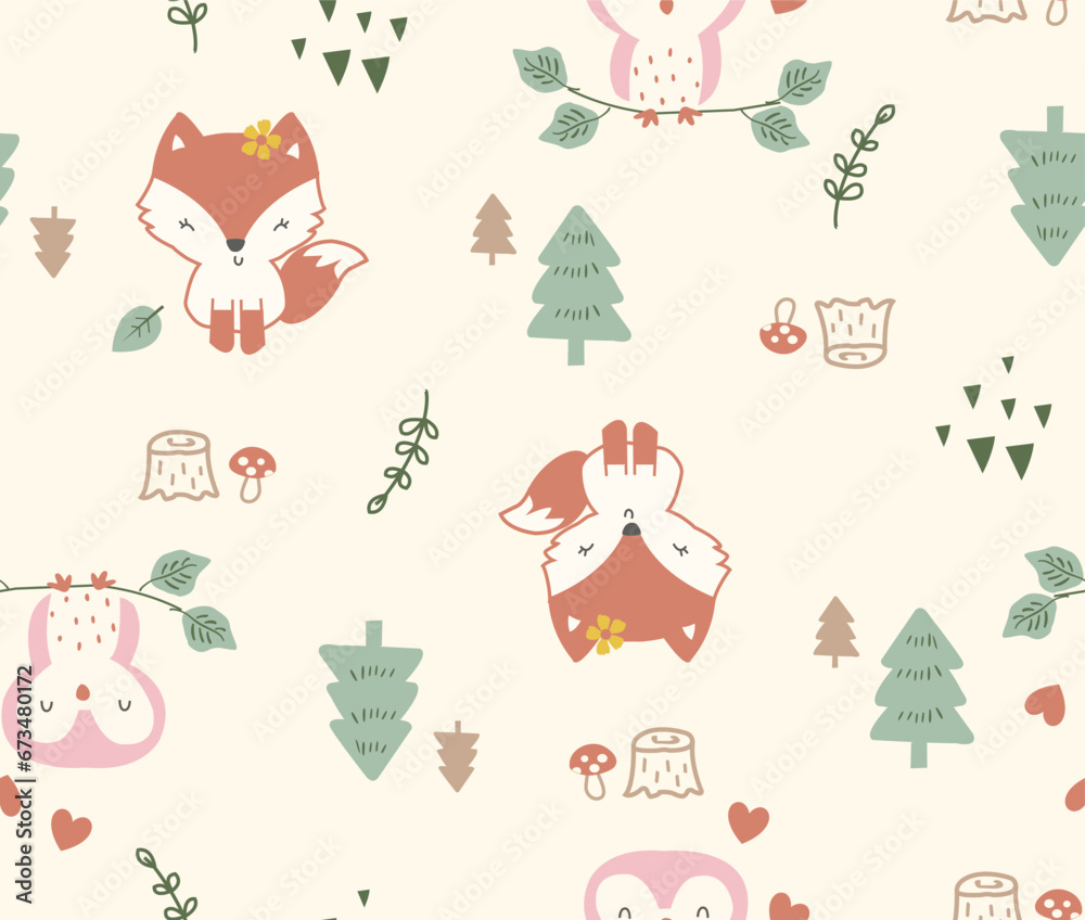 Forest friends pattern, Cute fox pattern, Cute owl pattern, Forest friends pattern, 