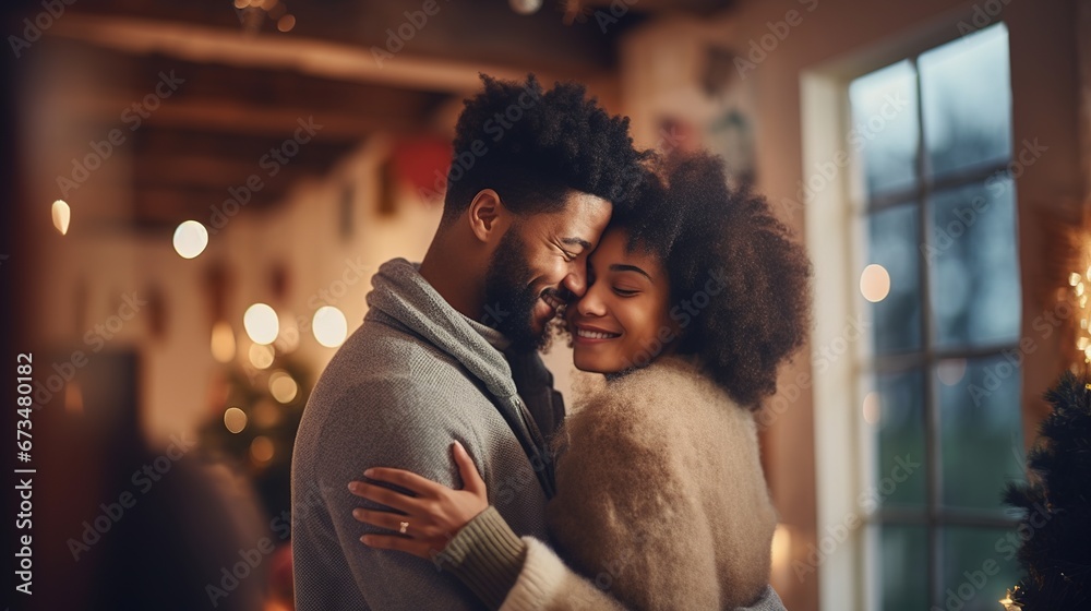 Smiling afro american couple hugging each other . Relationship Valentine's Day concept - obrazy, fototapety, plakaty 