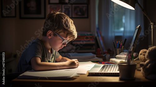 Little boy doing homework at home late in evening. Home education concept