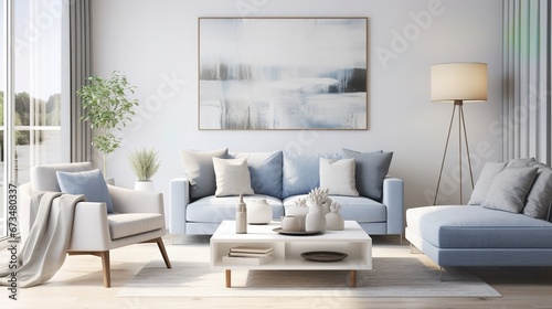 Close-up of bright living room with sofa and table in front of sofa against blurred background