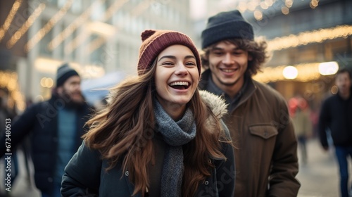 Photo of a happy, positive couple walking in winter time