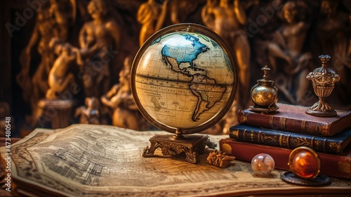Adventure stories education background. Old globe on map background. Selective focus.